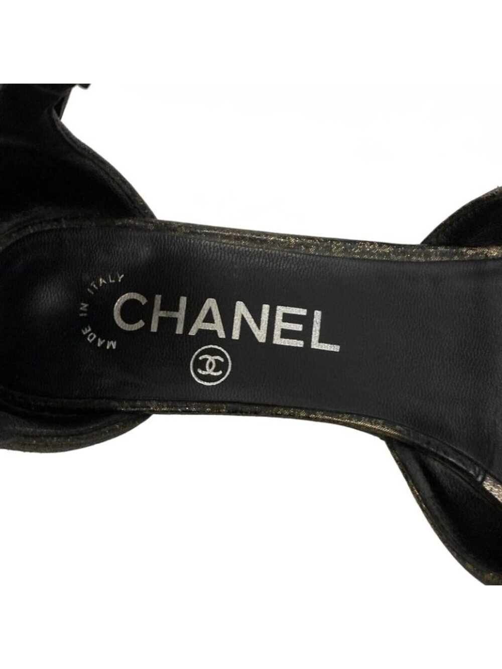 Chanel Sandals 5.5 C Gold Black Wedge Sole CC Logo Faux Pearl Leather - Picture 5 of 7